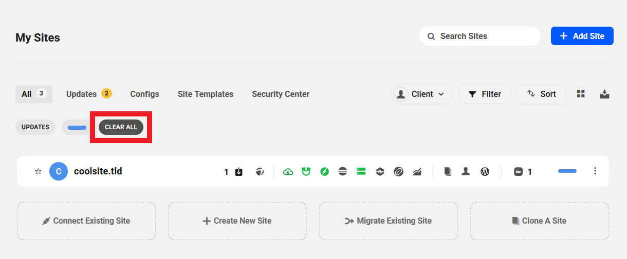 Clear all filters in the sites list
