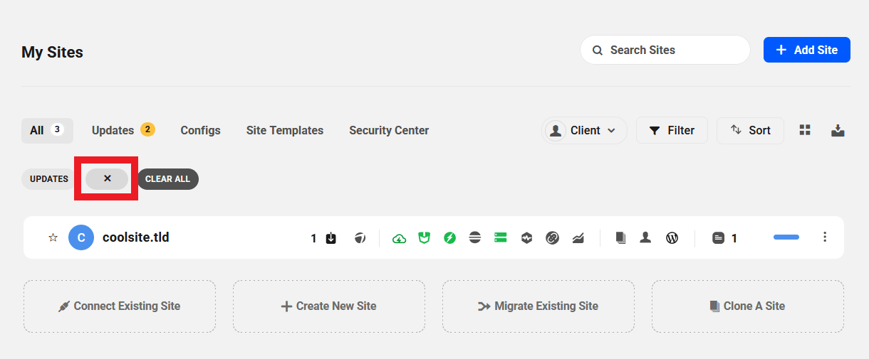Clear one filter in the sites list