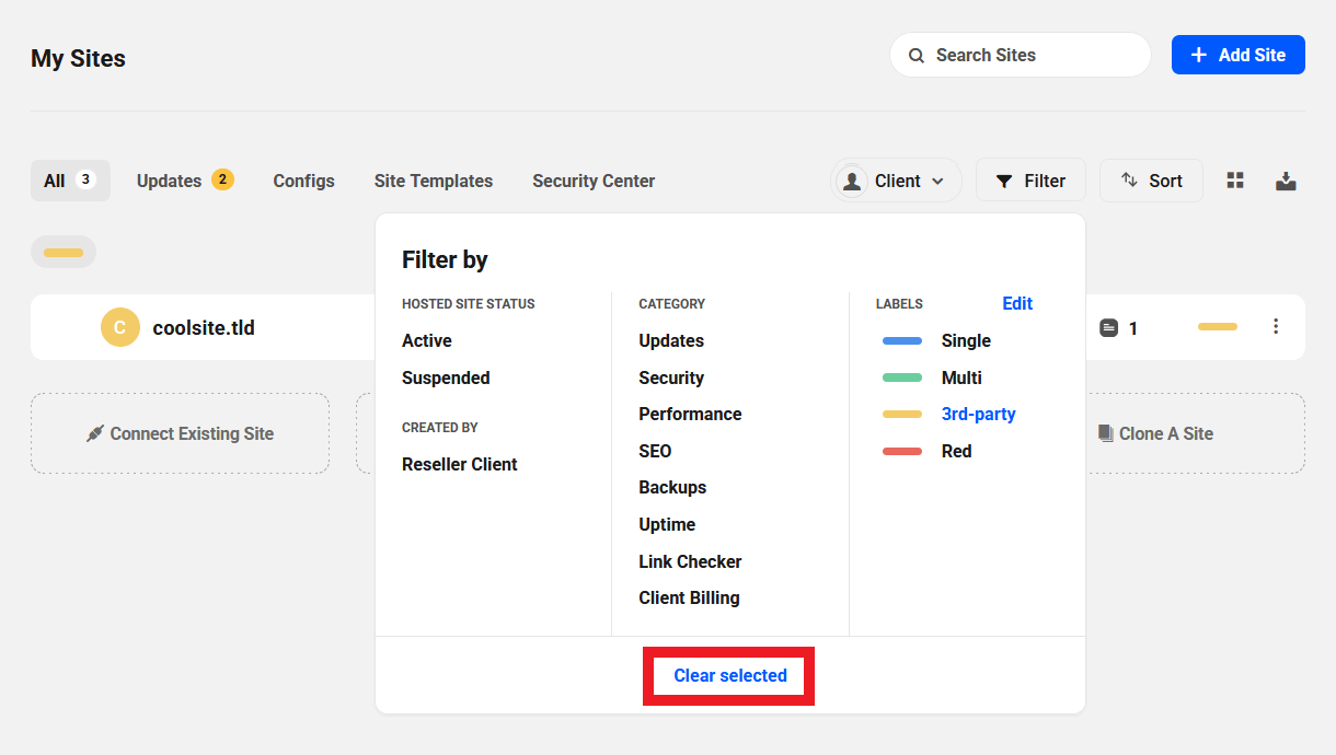 Clear selected filters in the sites list