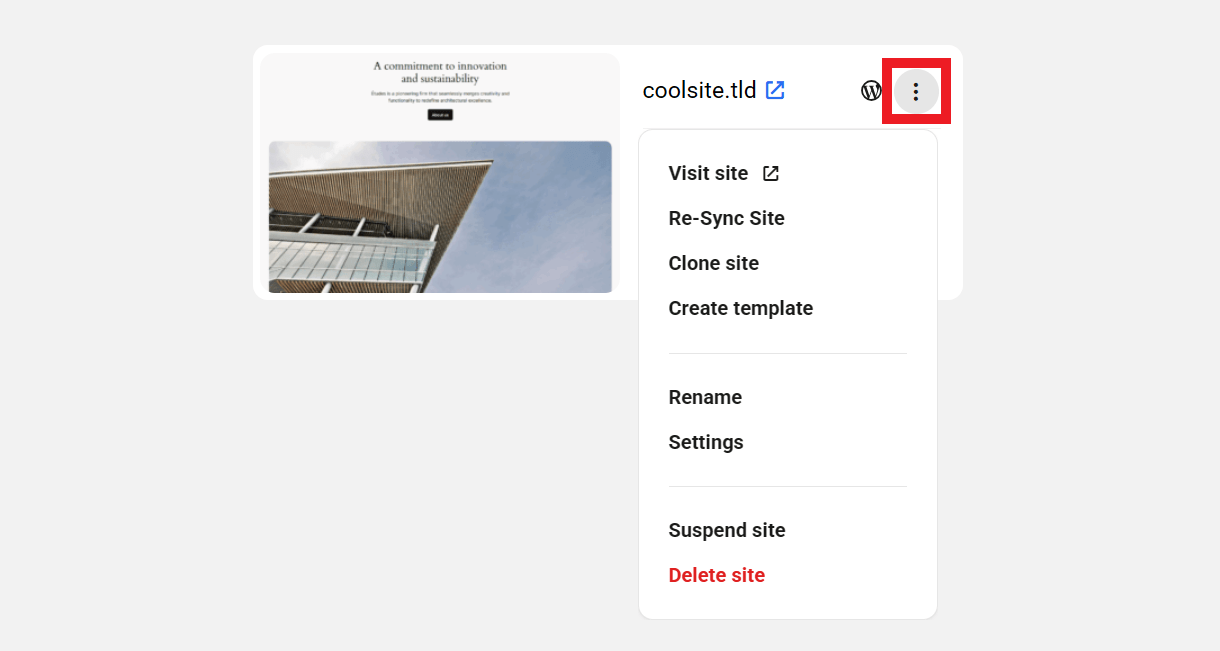 Site options icon in My Sites grid view