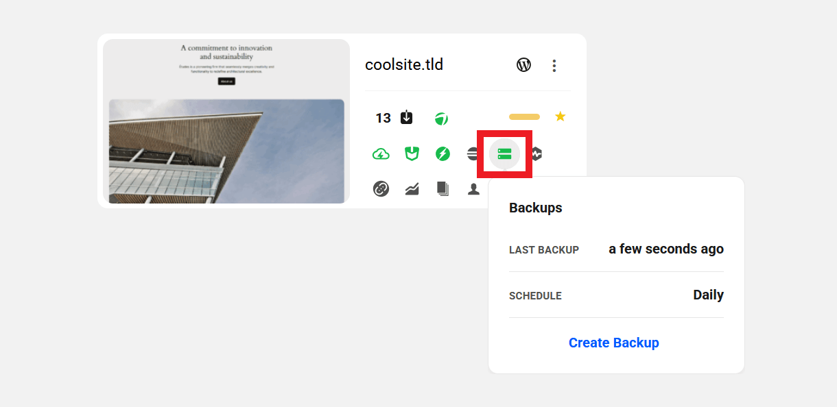 Backups icon in My Sites grid view