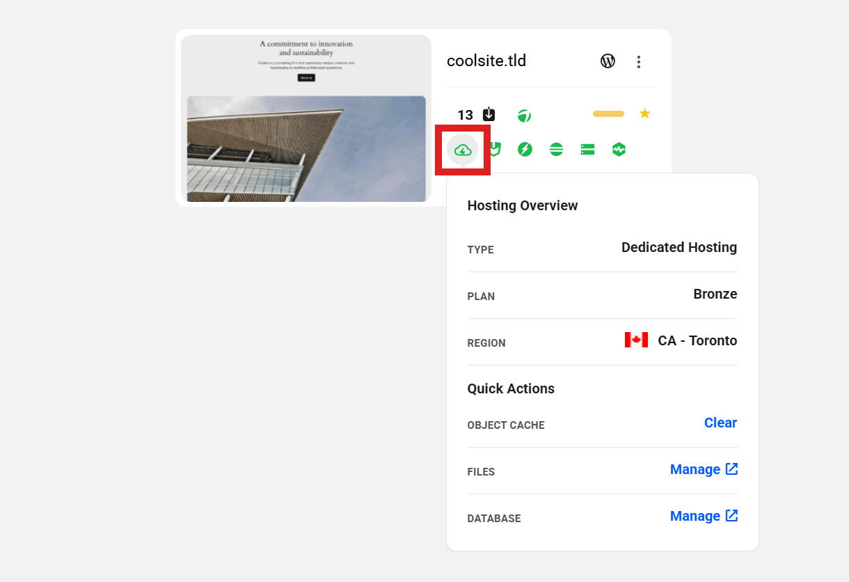 Hosting icon in My Sites grid view