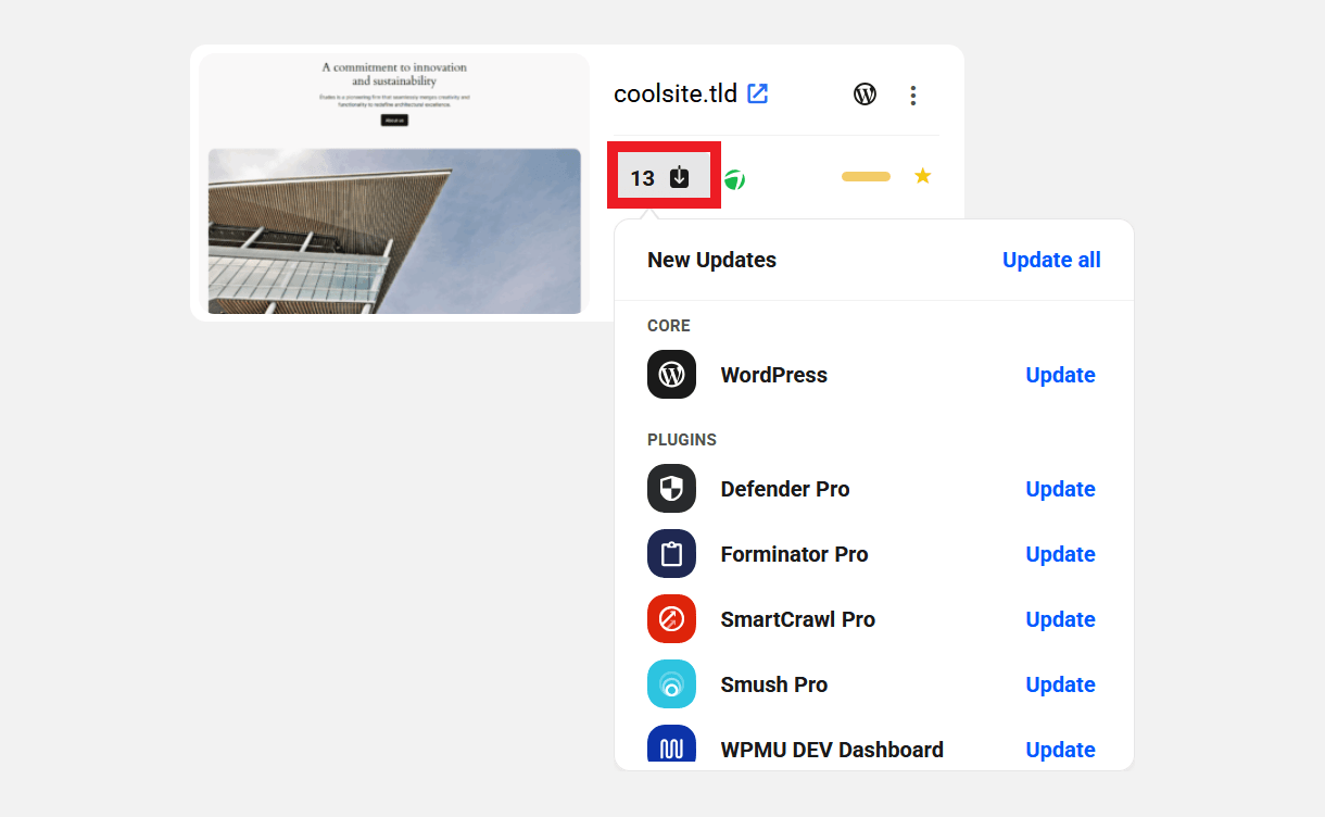 Updates icon in My Sites grid view