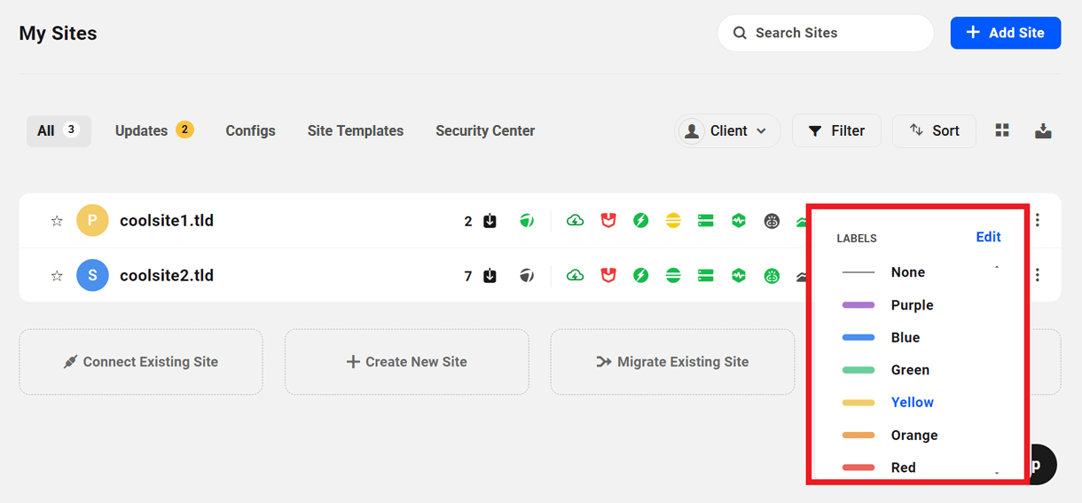 Assign site labels in The Hub