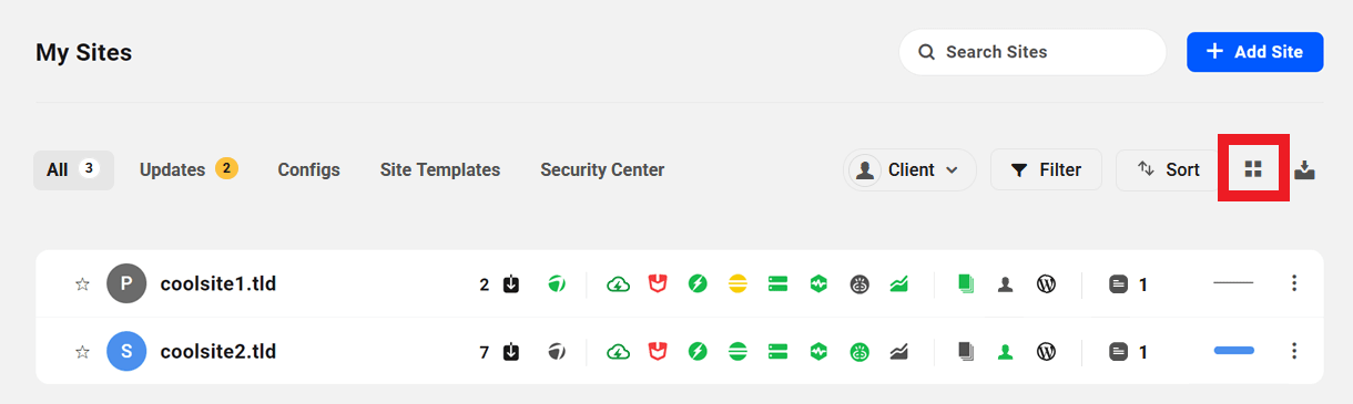 Toggle on grid view in the sites list
