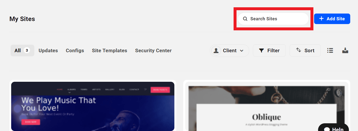 Search sites on the My Sites screen in The Hub