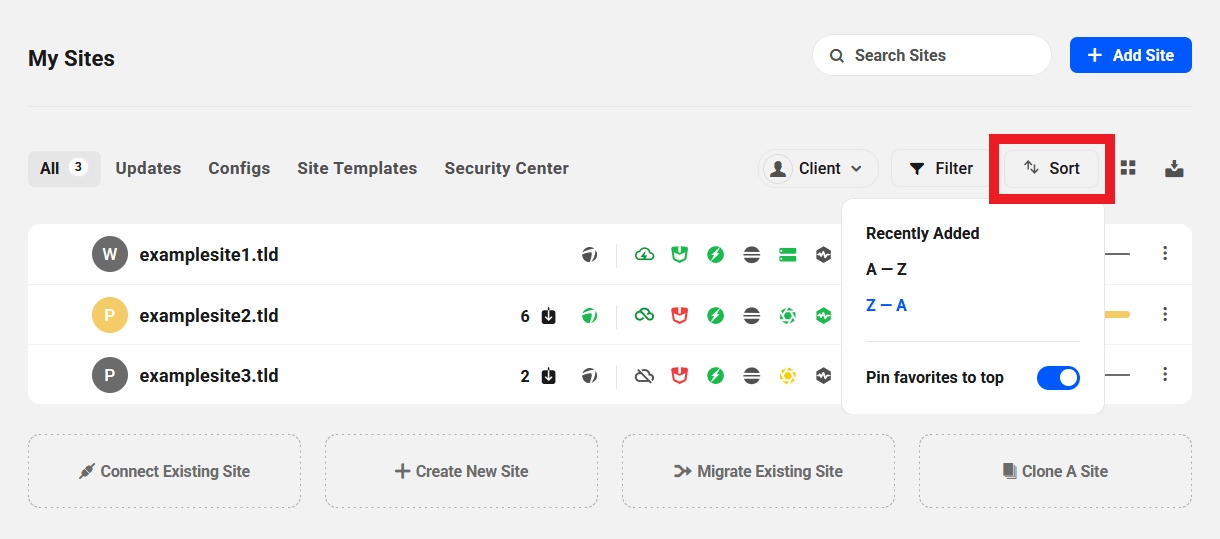 Sort sites on the My Sites screen in The Hub