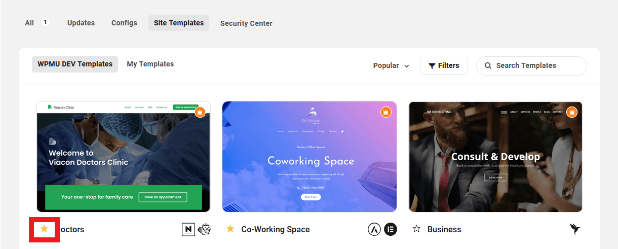 Favorite site templates in The Hub