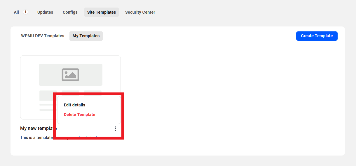 Custom site template management options in The Hub