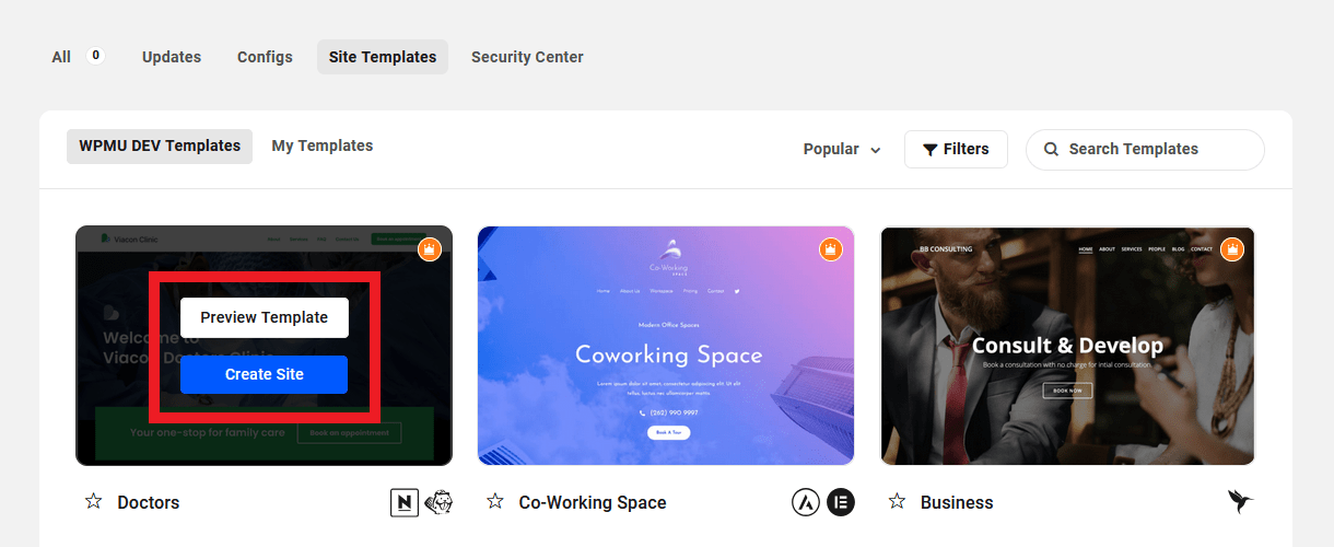Preview and create a site from a template in The Hub