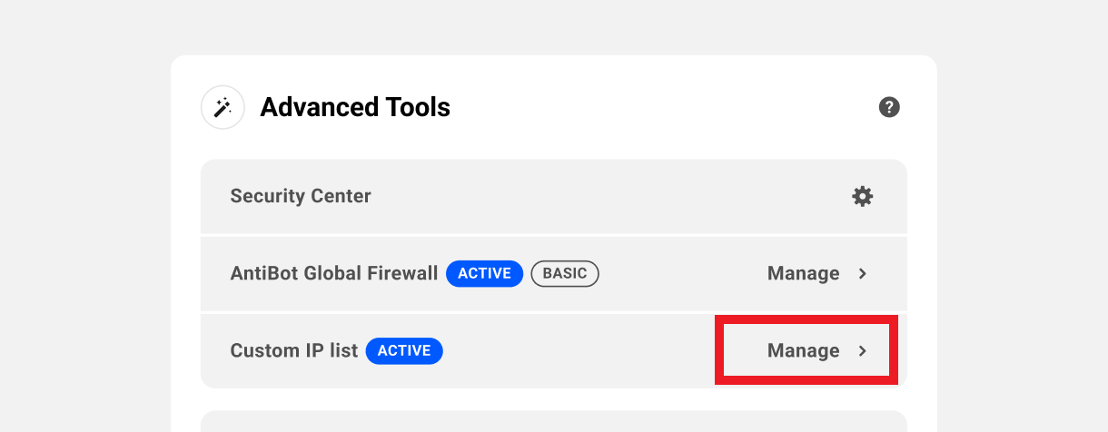 Manage Custom IP List on an unlimited hosting server from a site's Security tab in The Hub