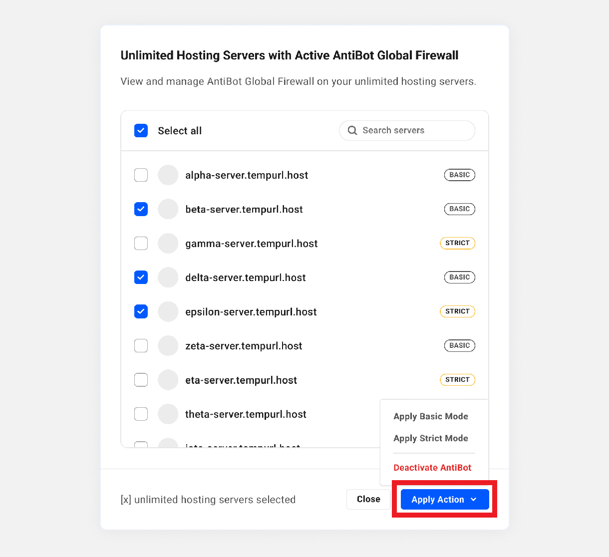 Apply AntiBot actions to selected unlimited hosting servers