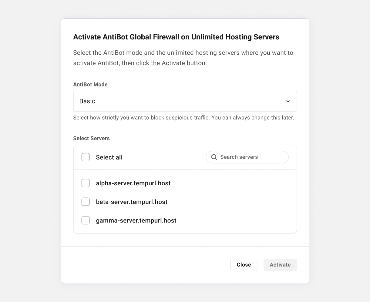 Activate AntiBot on selected unlimited hosting servers