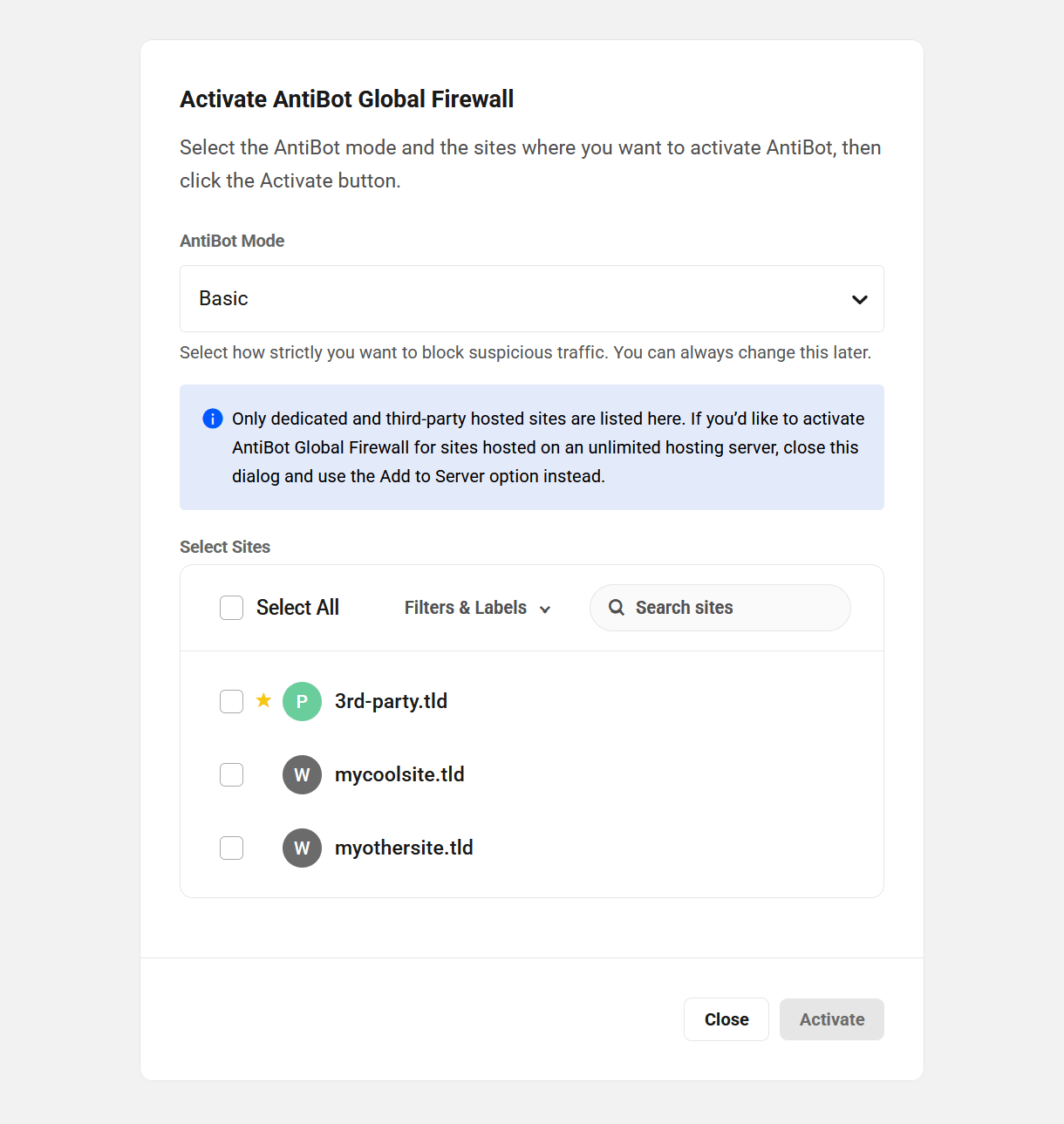 Activate AntiBot on selected sites