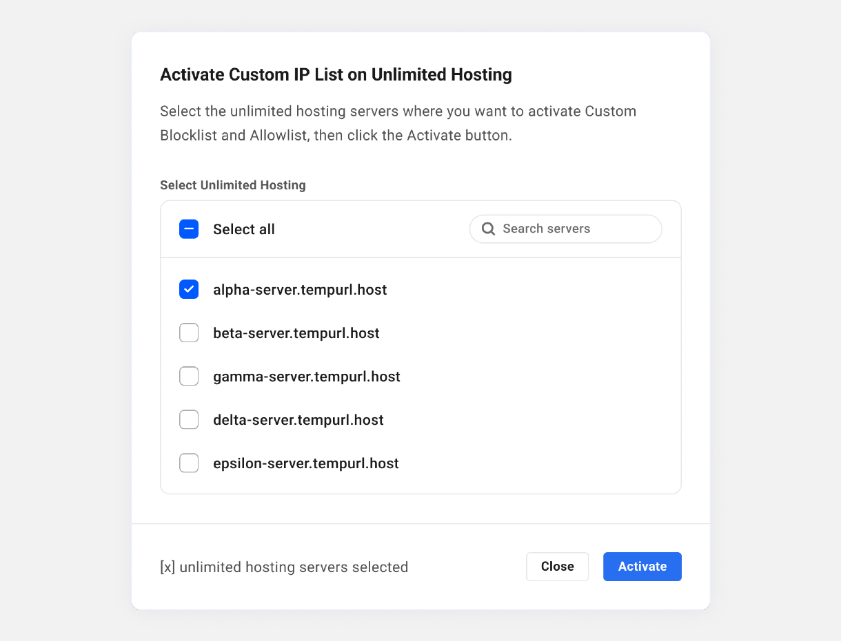 Activate Custom IP Lists on selected unlimited hosting servers