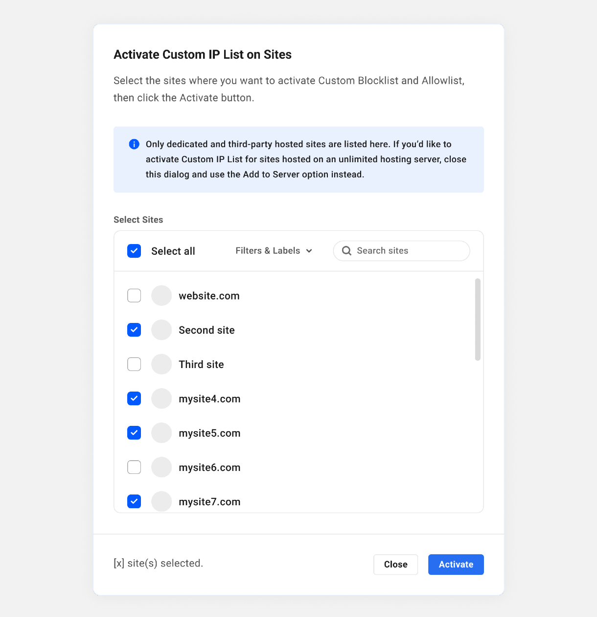 Activate Custom IP Lists on selected sites
