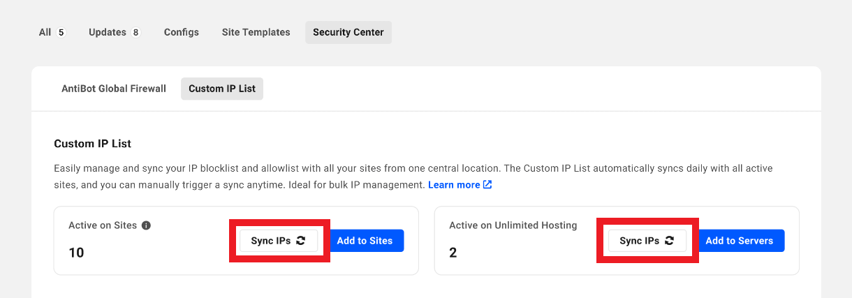 Sync the Custom IP List with sites and servers