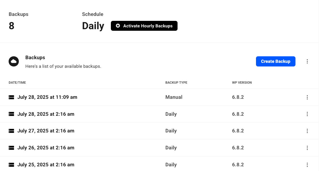 Hub available backups list