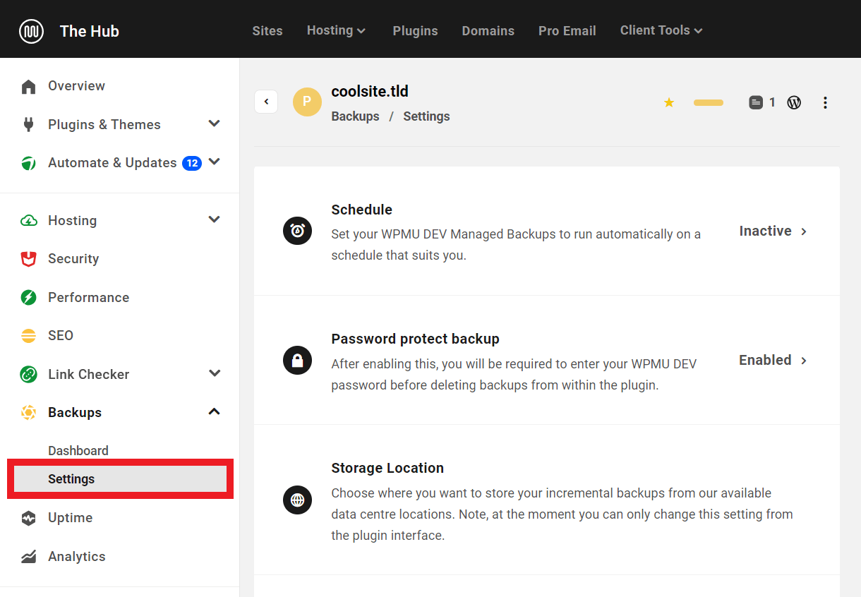Backups settings in The Hub