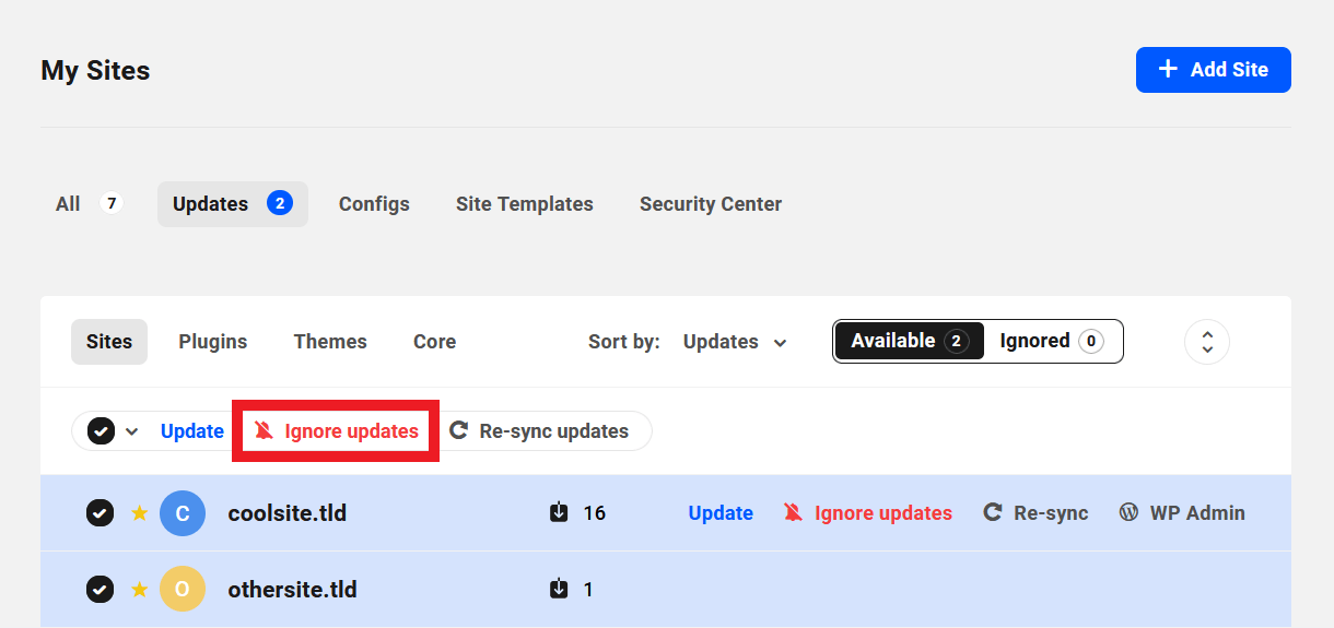 Ignore updates in the Hub