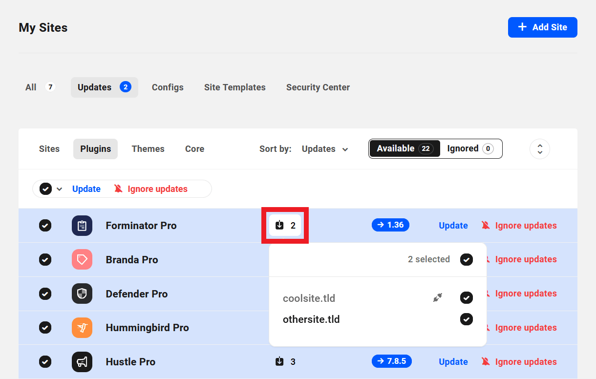Select sites to update per plugin in The Hub