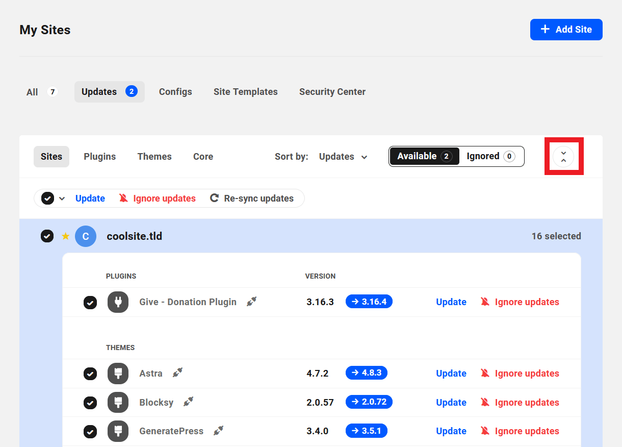 Expand or collapse all sites in Hub updates