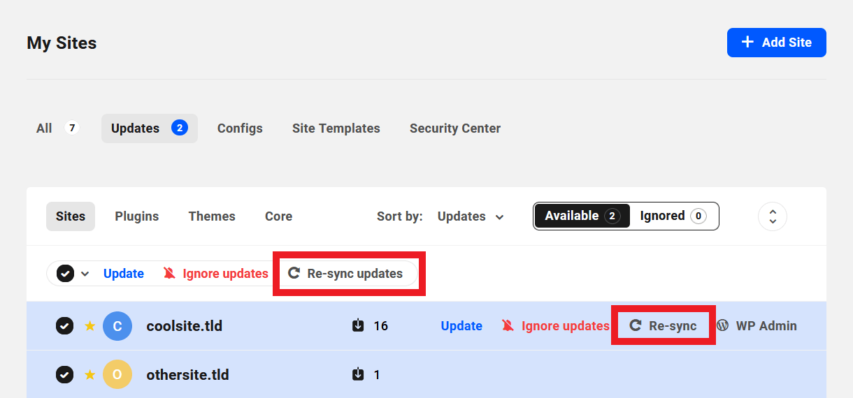 Re-sync updates for a specific site or all sites