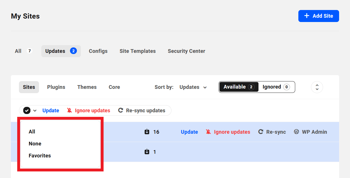 Bulk select sites to update in The Hub