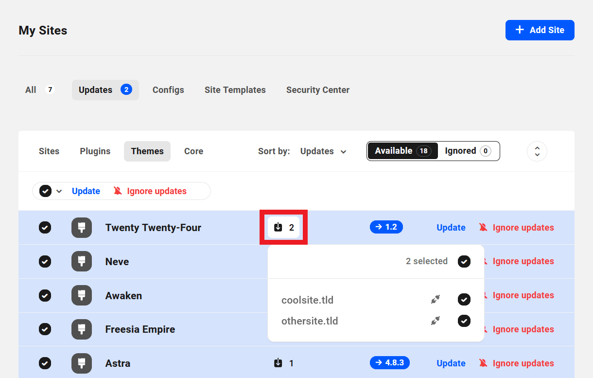 Select themes to update per site in the Hub