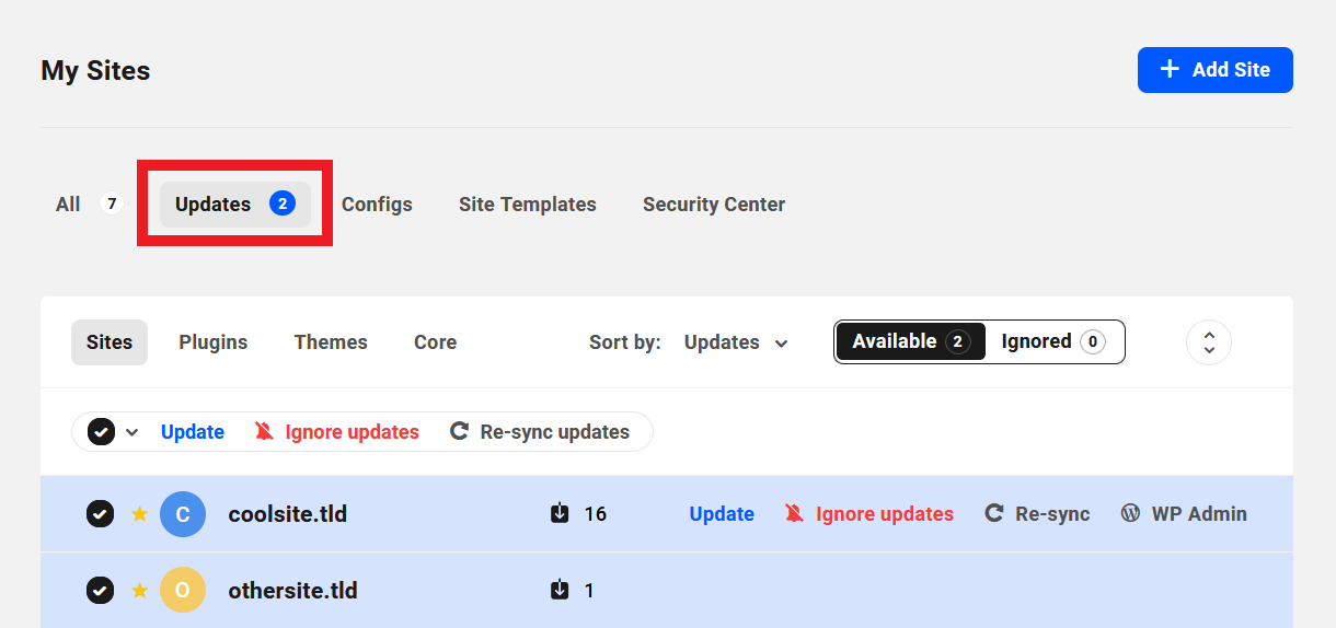 Updates section in The Hub