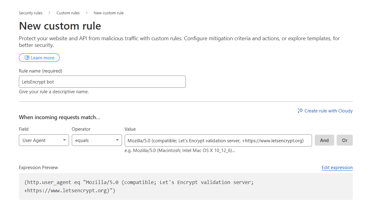 Create a security rule at Cloudflare