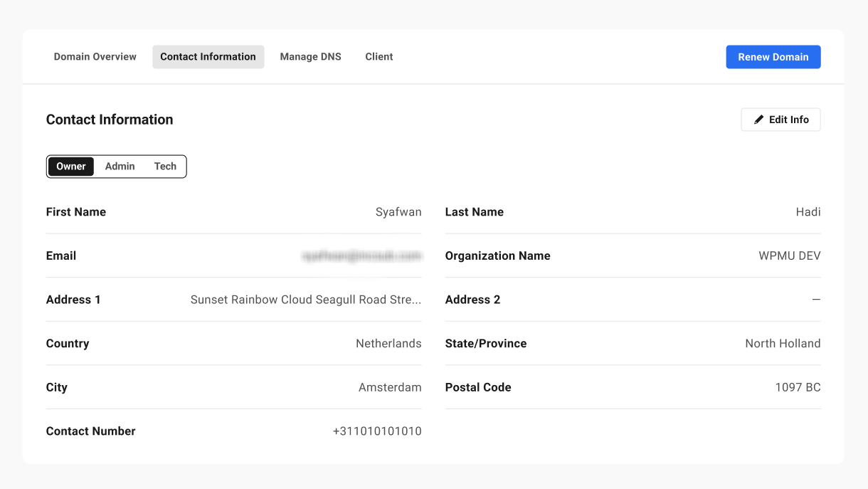 Contact Information tab for a .nl domain in the Hub