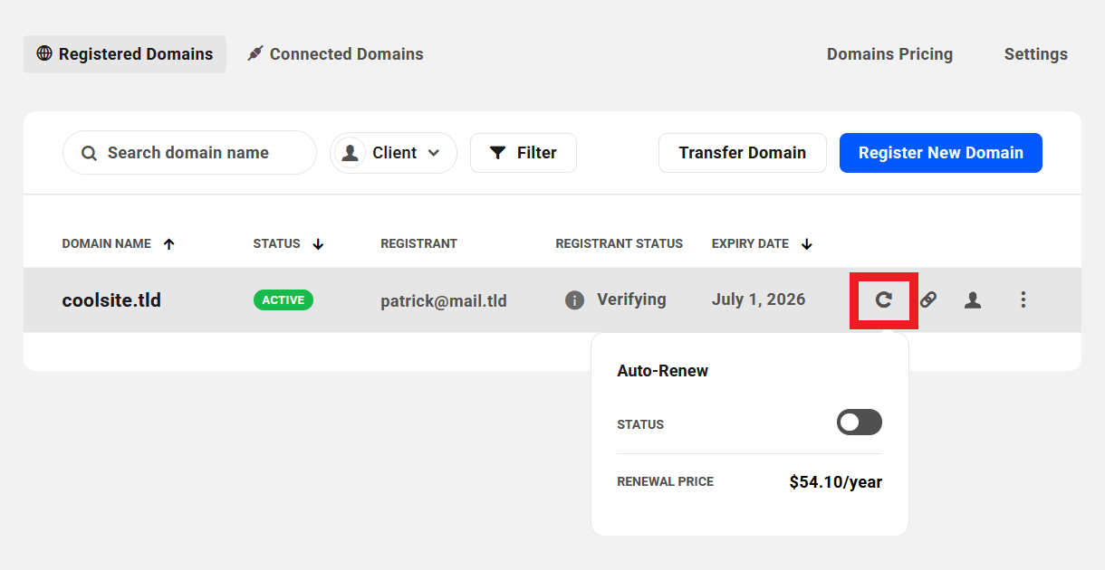 Auto-renew status of a registered domain in the Hub