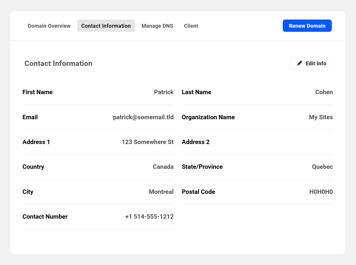 Contact information for a domain registered in the Hub