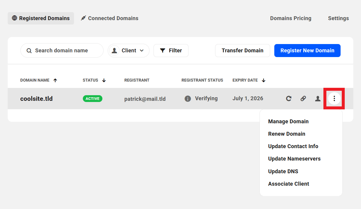 Management options for a registered domain in the Hub