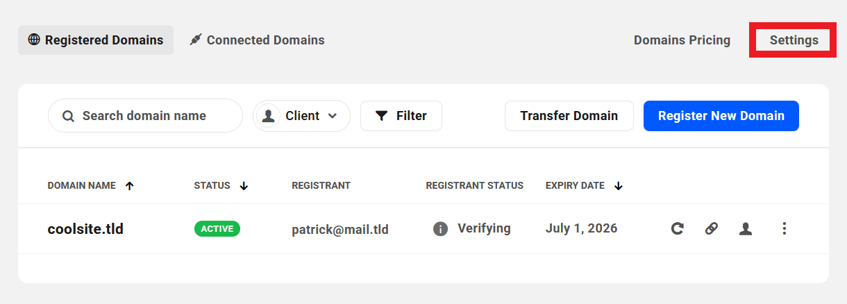 Settings for registered domains in the Hub