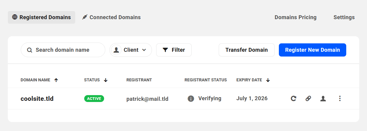 List of registered domains in the Hub
