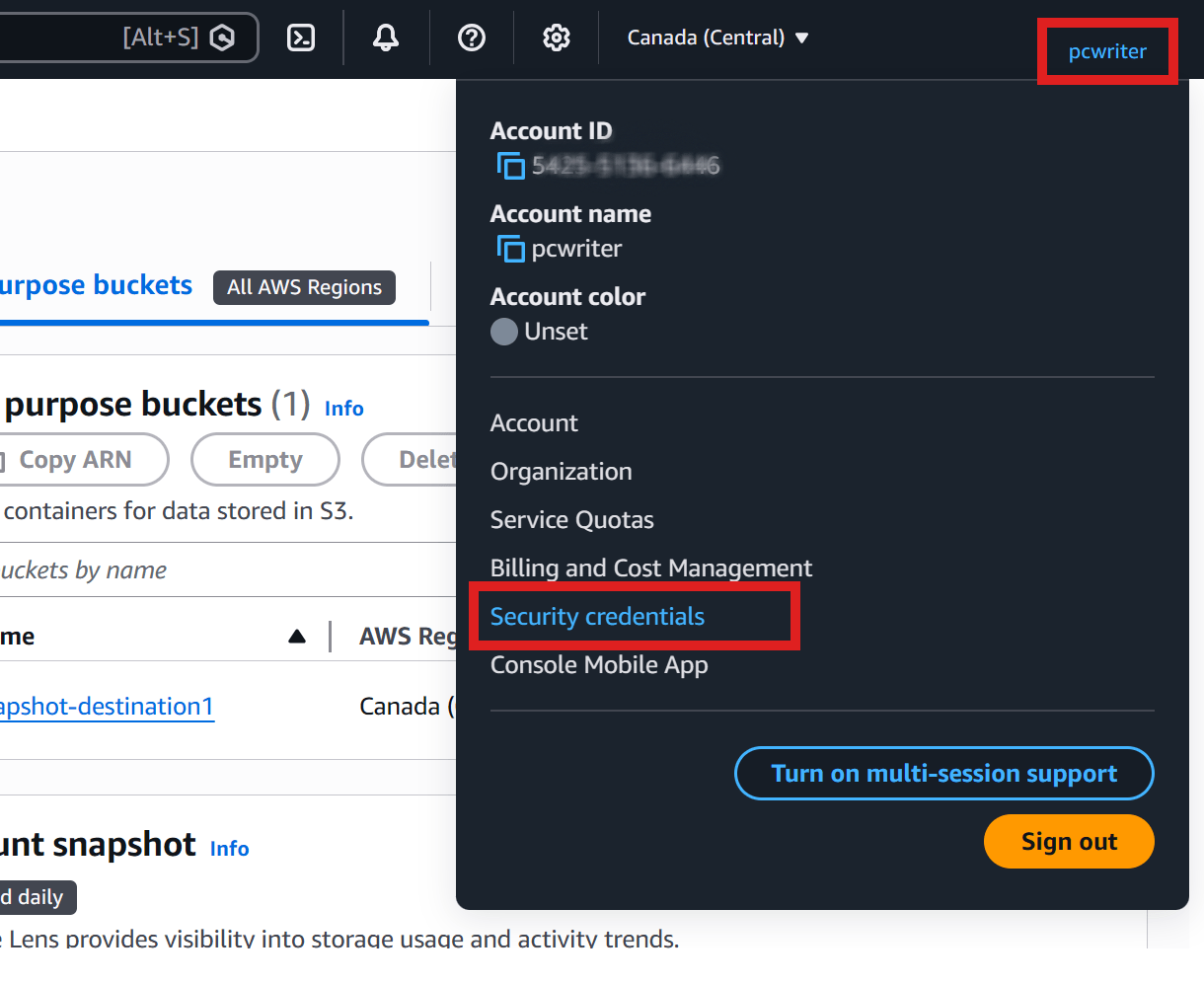 My Security Credentials tab in Amazon S3