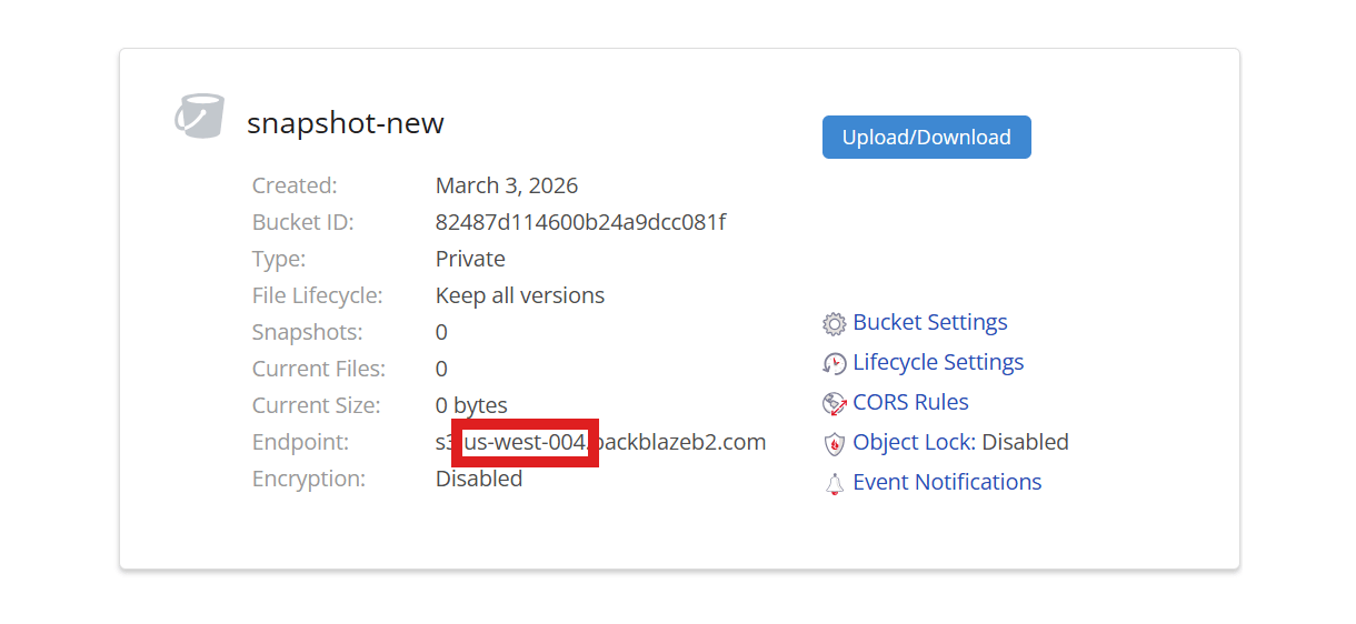 Backblaze bucket endpoint for Snapshot destination