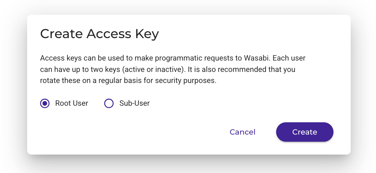 Create a root user access key in Wasabi