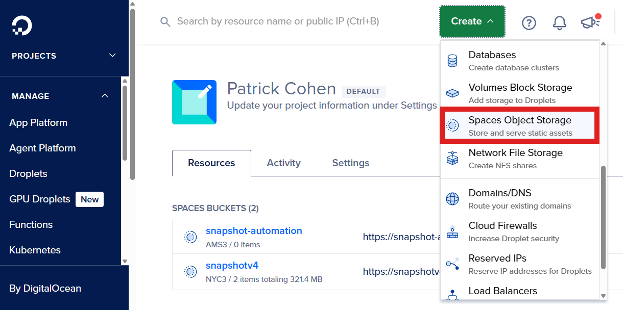 Create a new Digital Ocean space