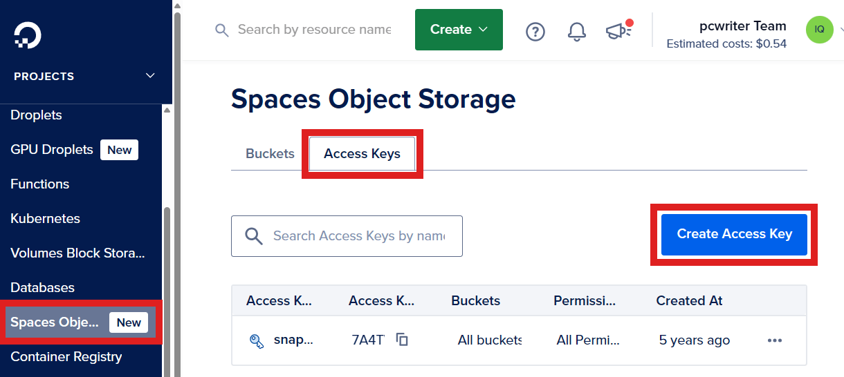 Create an access key in a DigitalOcean space