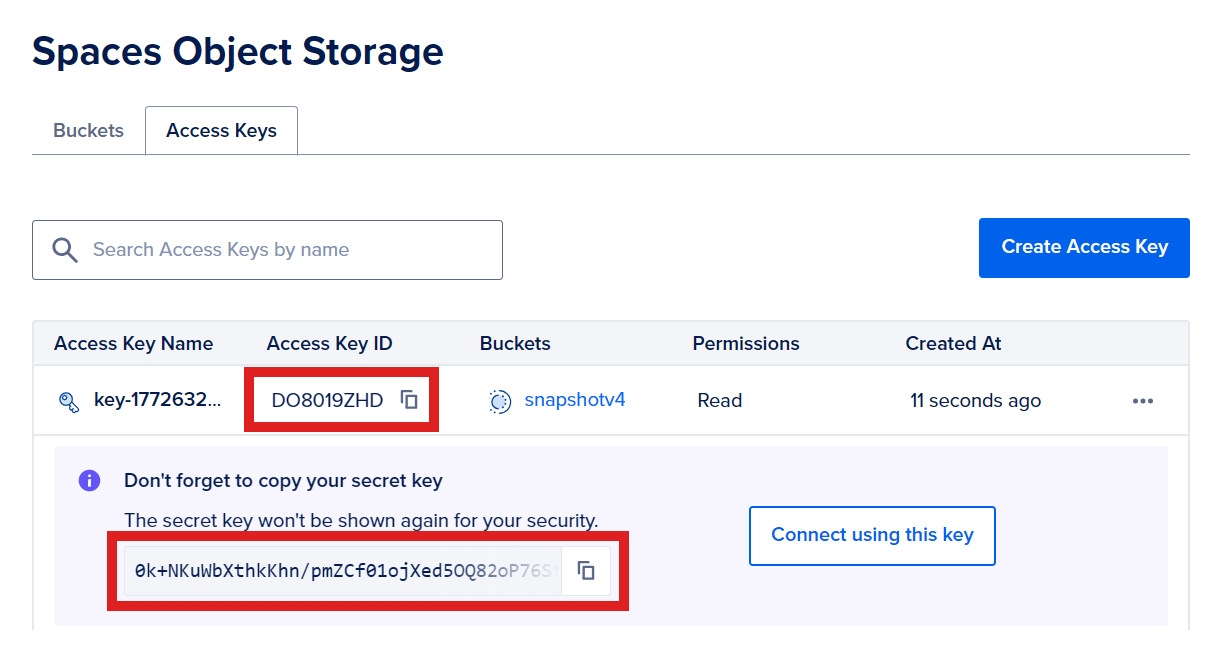 New access key created in a DigitalOcean space