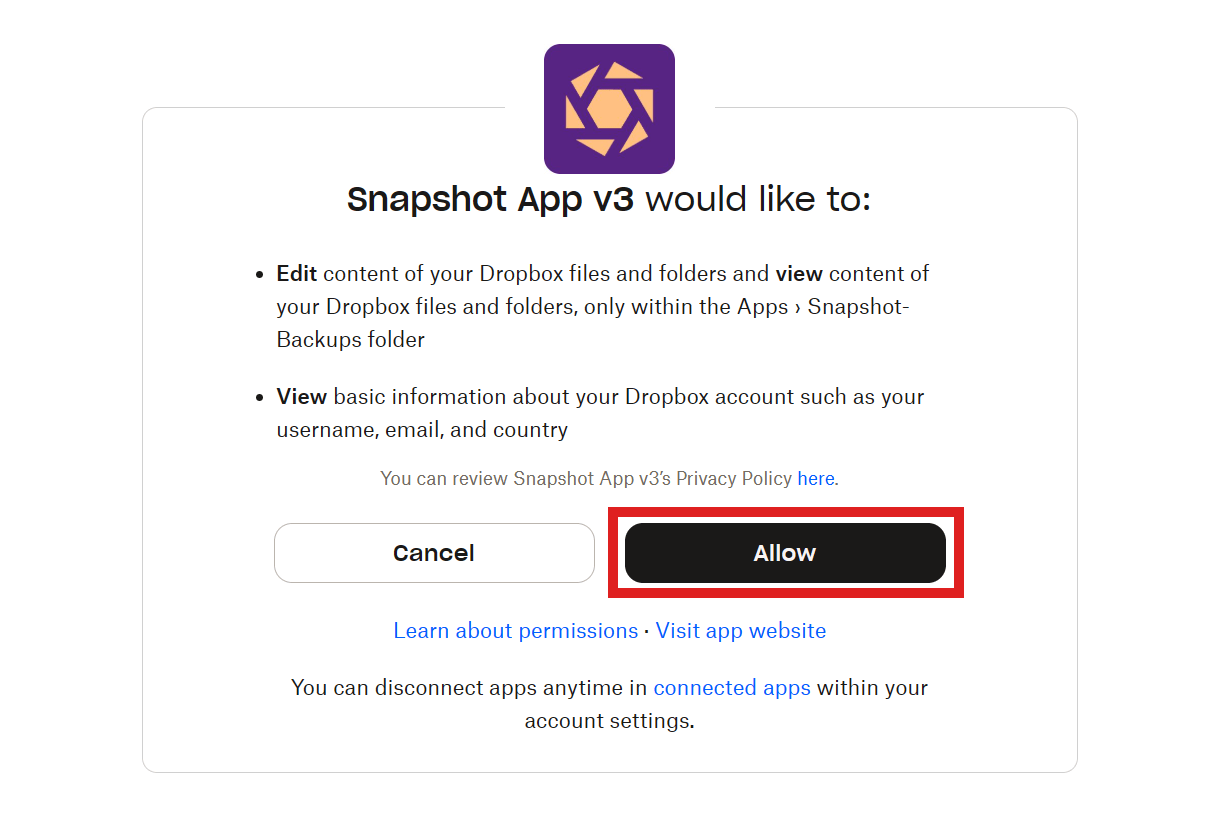 Allow Snapshot to connect to Dropbox