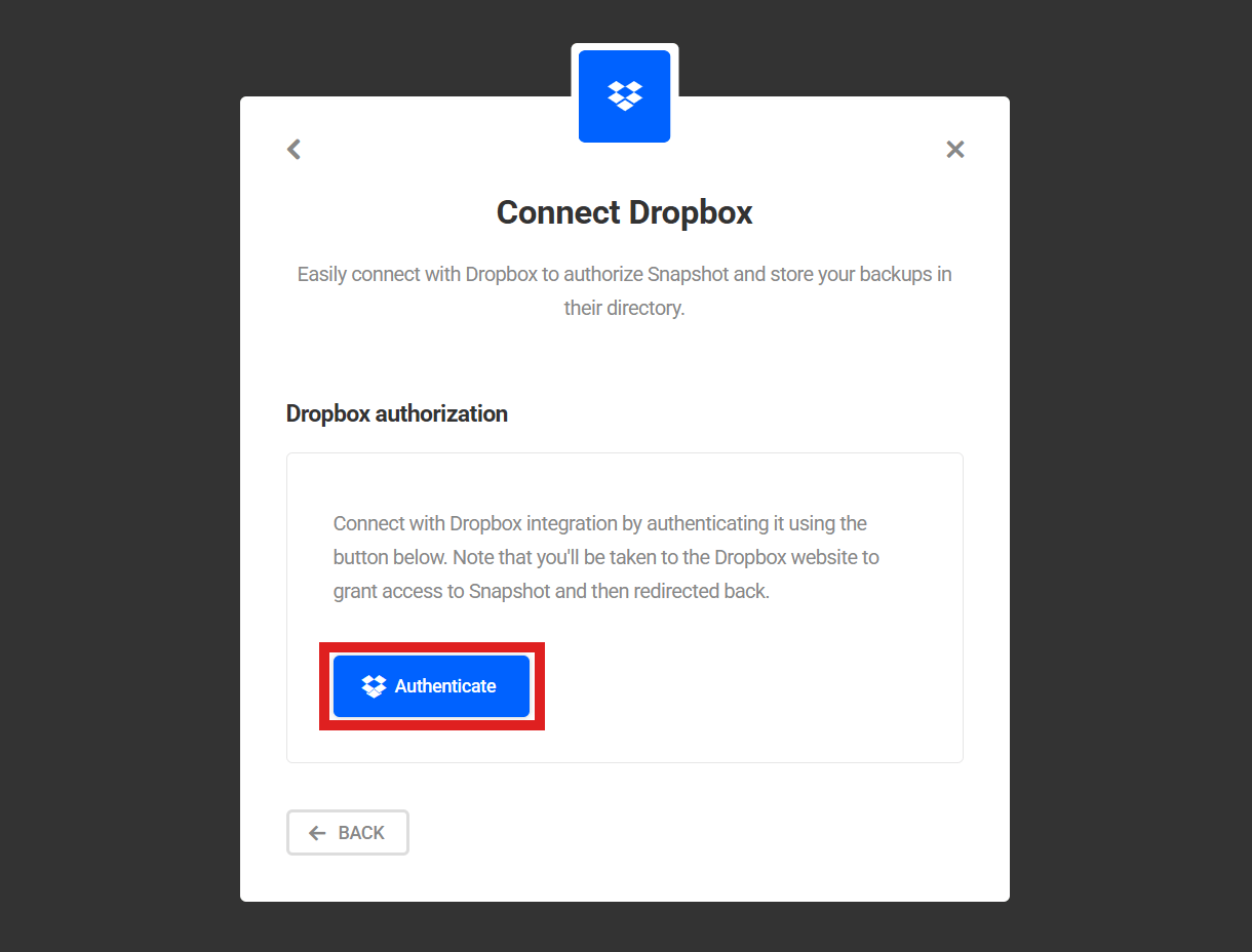 Authenticate Dropbox account