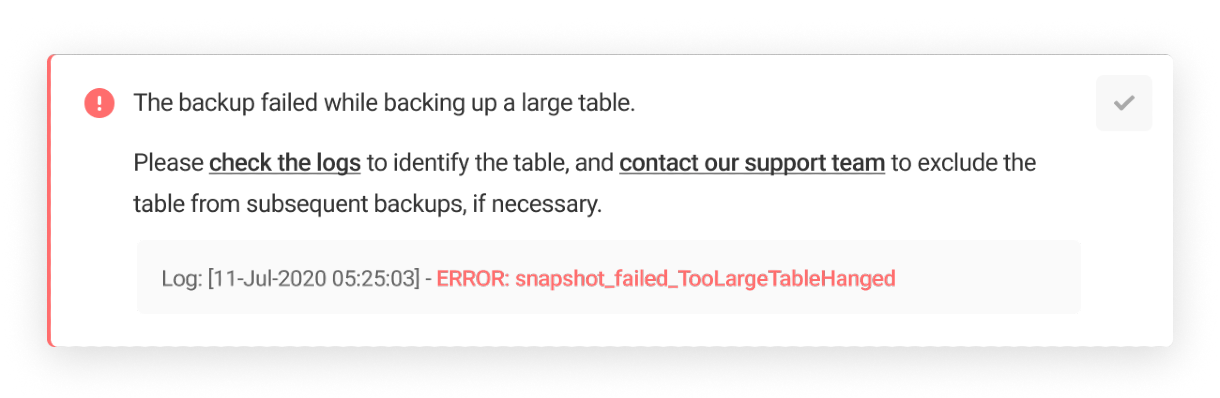 Error: snapshot_failed_TooLargeTableHanged