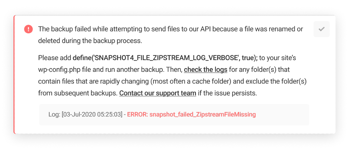 Error: snapshot_failed_ZipstreamFileMissing