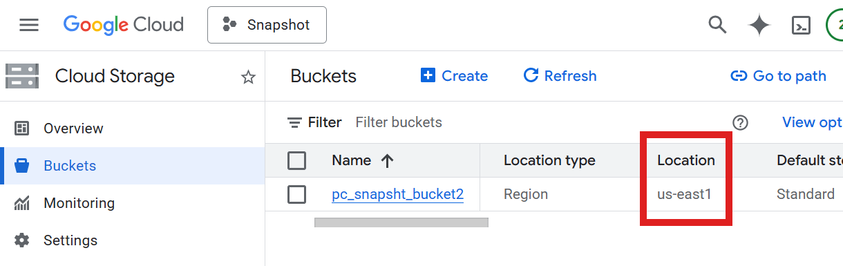 Region for a Google Cloud storage bucket