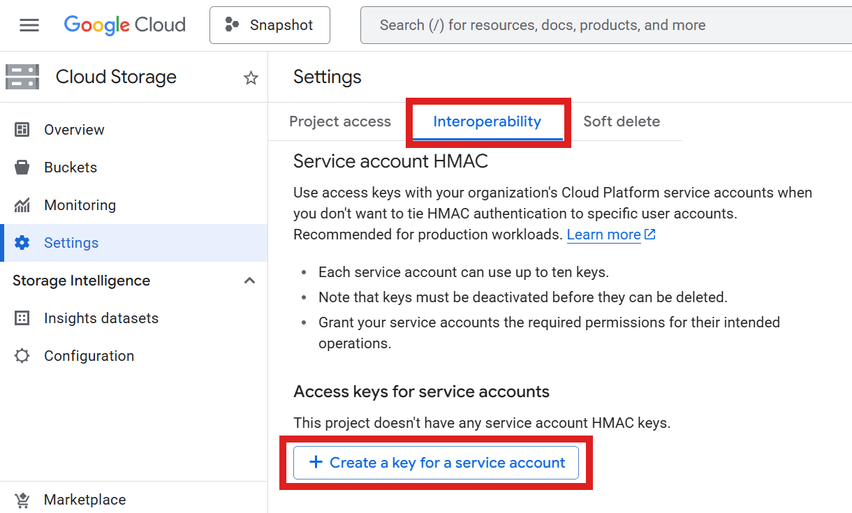 Create a key for a Google Cloud service account