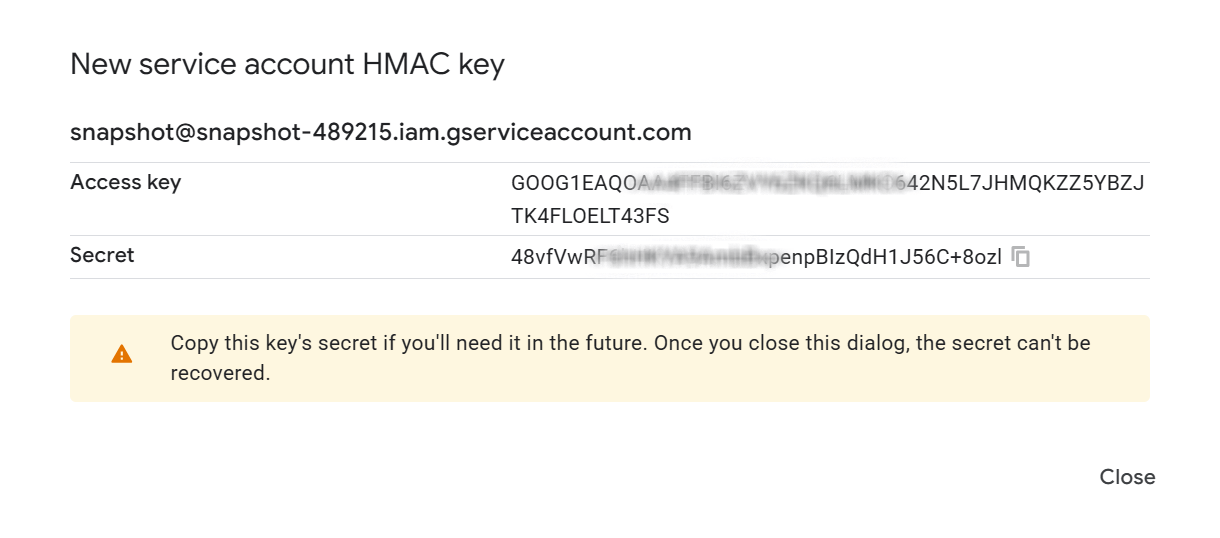 Key created for a Google Cloud service account